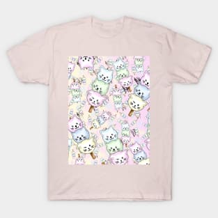 cute cat dango pattern on pink and cream T-Shirt